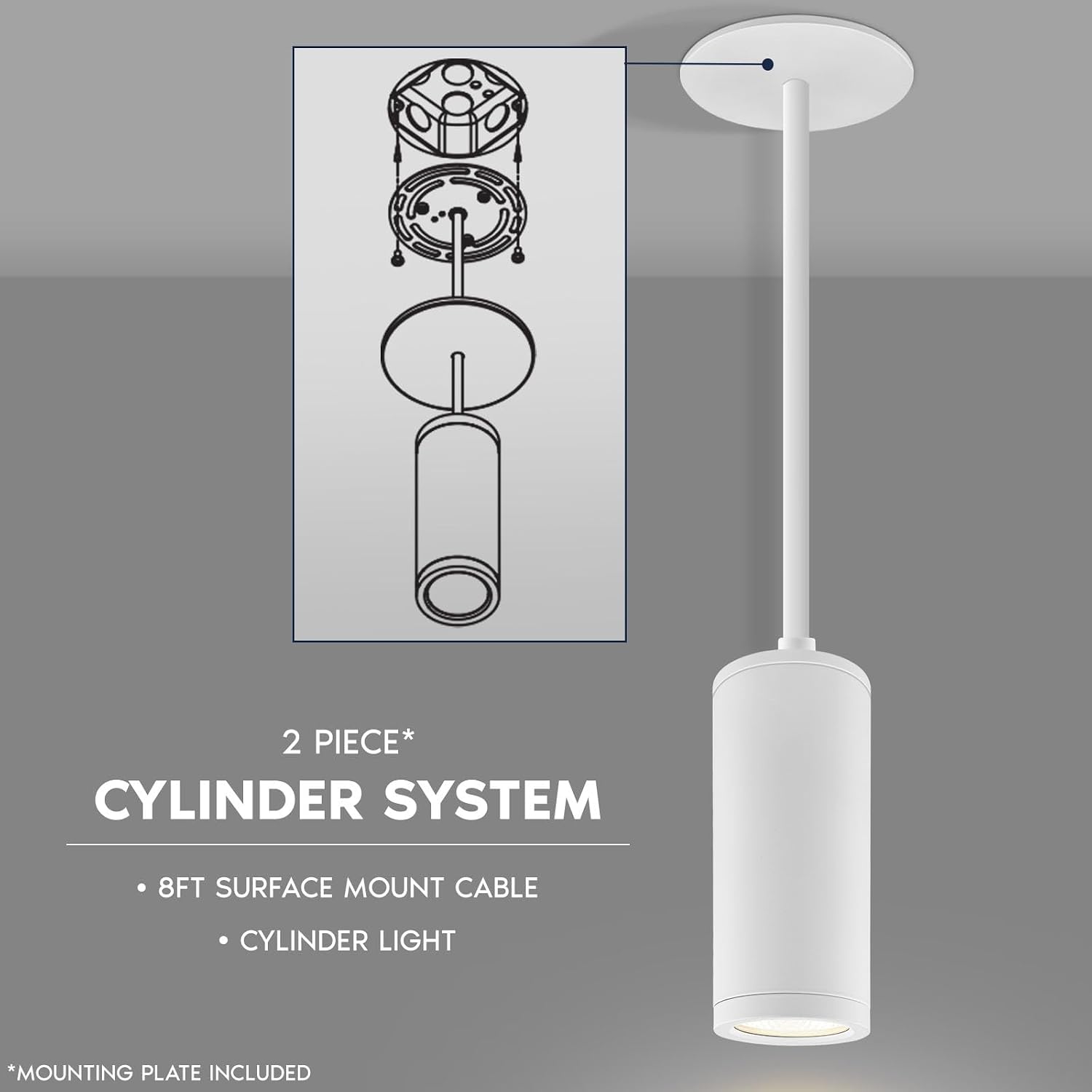 LUXRITE 2.5-Inch LED Cylinder Pendant Light with 8FT Surface Mount Cable, 5CCT 2700K-5000K Selectable, CRI90, 1100LM, 15W, TRIAC/0-10V Dimmable, Universal Voltage 120V-277V, IC Rated ETL, White Finish