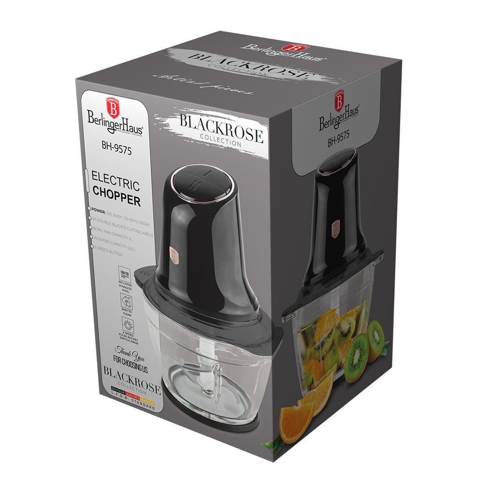 Berlinger Haus Black Rose Collection elektryczny rozdrabniacz 500 W, szklany pojemnik, nóż ze stali nierdzewnej, 2 prędkości, obsługa dotykowa