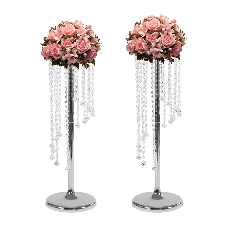 2 soportes para flores de cristal acrílico, centros de mesa para bodas, jarrones de cristal acrílico para compromisos/aniversarios/fiestas/casas, 70 cm de alto, plateado