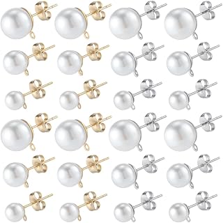 SOFPLATE 1 Box 30 Pairs 2 Colors Pearl Earrings Findings Small Glass Beads Earrings Posts with Loop Bulk Gold Silver Stainless Steel 19/21/23mm Ear Studs for Jewelry Making Supplies DIY