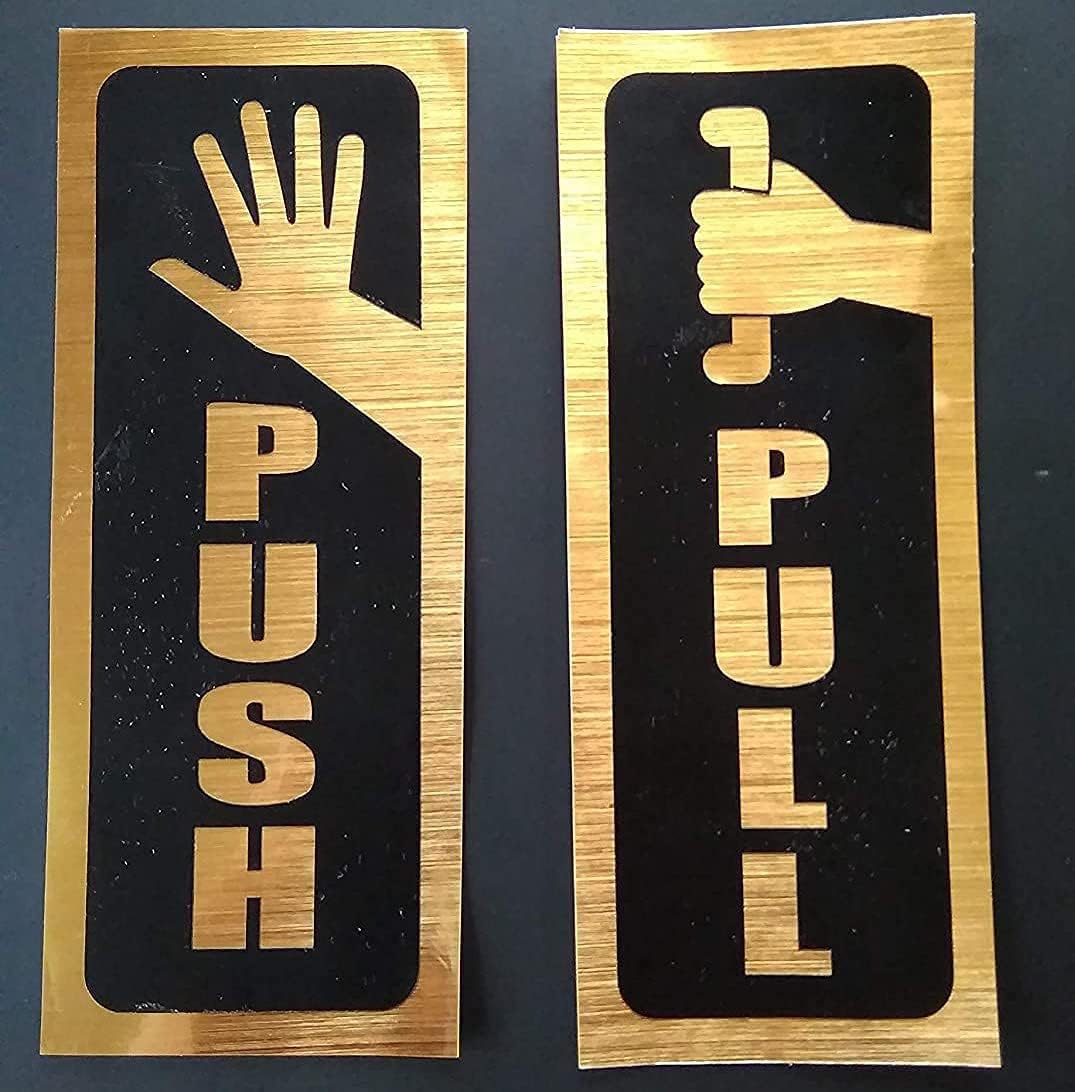 ULTIMATE MART Push Pull Metallic Gold Color Sign Sticker for Glass Doors Office Hospital Mall Business (12x5cm)