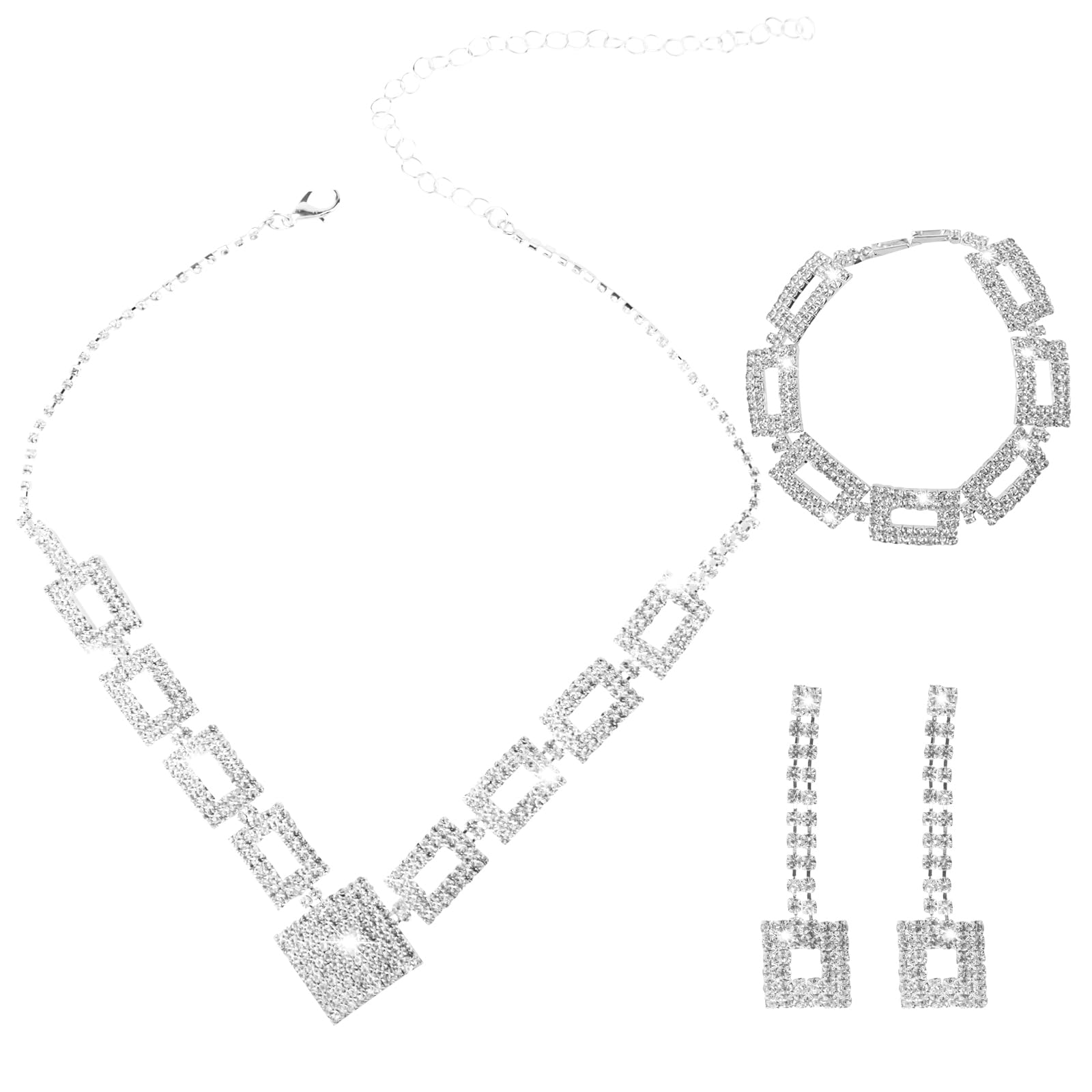 LjFrexia Glitter Brautschmuck Set, Quadratische Strass-Halskette, Ohrring und Armband, Silber Strass Hochzeit Schmucksets, Prom Kostüm Zubehör, für Braut, Brautjungfer und Damen