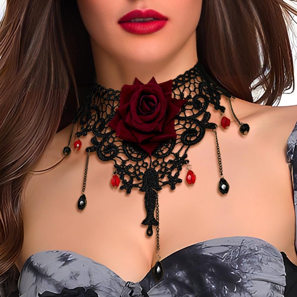 Black Lace Choker Necklace Set Rose Flower Necklace Bracelet Ring Set Vintage Hallow Necklace Jewelry for Women - Image 4