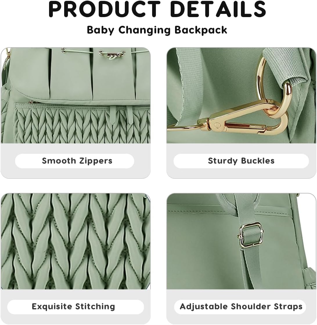 Convertible Diaper Bag Backpack Waterproof Nappy Changing Bag Travel Mummy Bag with Changing Pad & Shoulder Strap(Green) - Image 6