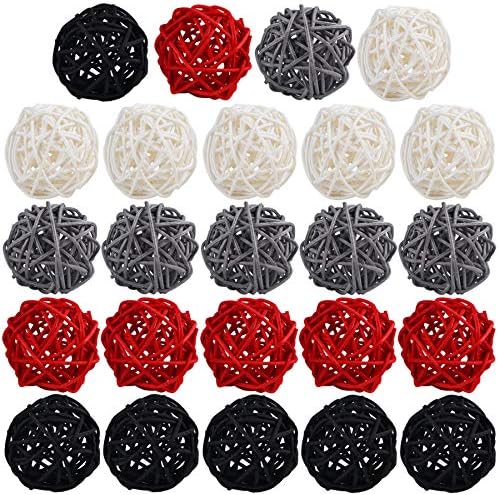 STMK 24 Pcs 2 Inch Rattan Balls Decorations, Wicker Balls Decorative for Home Decor DIY Vase Bowl Filler Ornament Baby Room Nursery Décor Wedding Table Decoration (Black, Grey, Red, White)