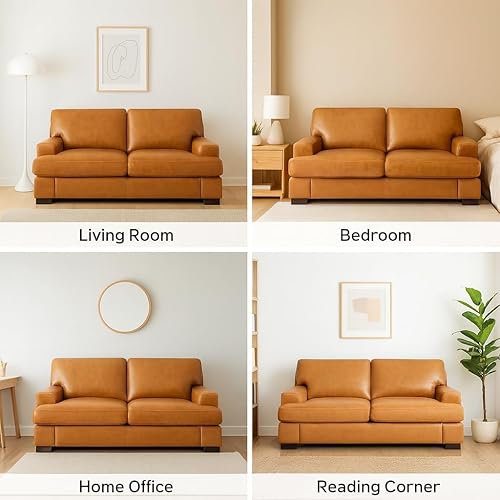 Miniatura 4 de Naomi Home Sofá de Dos Plazas de Piel Auténtica – Relleno de Cojines de Plumas de Ganso, Diseño de Brazos Cuadrados, Patas de Bloque Resistentes –