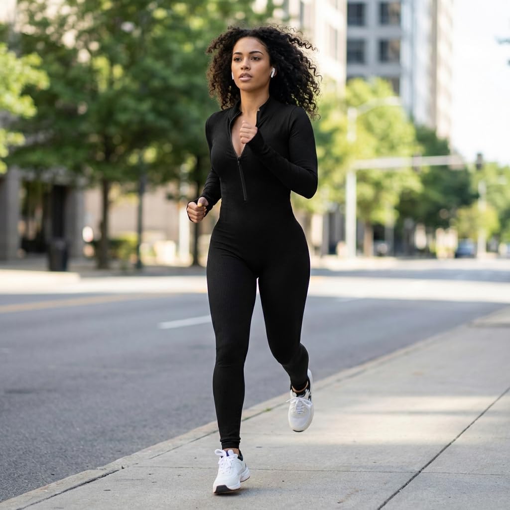 Women's Ribbed Bodycon Jumpsuit Long Sleeve Zip Up Front Romper Slim Fit One Piece with Pants - Image 3