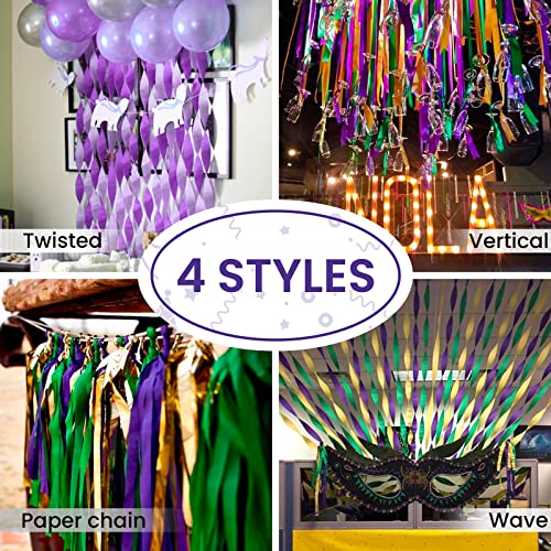 Image of PartyWoo Mardi Gras Crepe Paper Streamers 6 Rolls 492 ft Pack of Metallic Gold Purple and Green Crepe Paper for Mardi Gras Halloween Birthday Party Decorations (1.8 Inch x 82 Ft /Roll)