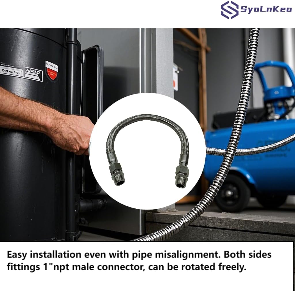 Industrial-Grade Stainless Steel 1" Compressor Jumper Hose, 1" NPT Male x 40"Length,750°F，450 PSI,Both Sides Fittings Rotate Freely