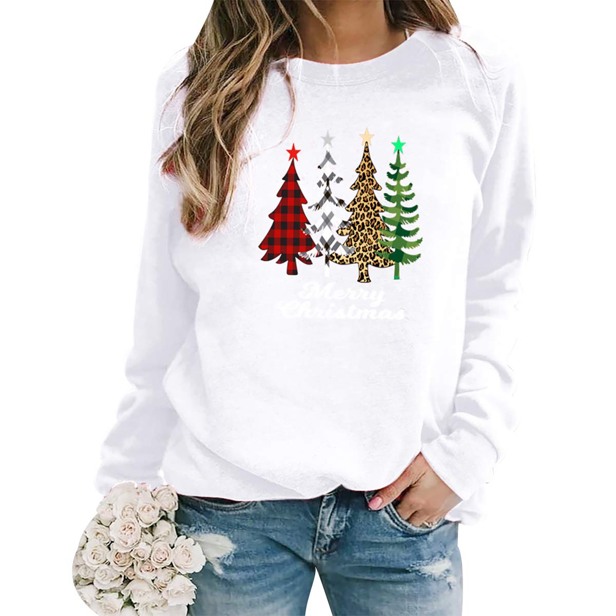Peuignao Women's White Funny Xmas Jumpers - Ugly Christmas Sweatshirts - L