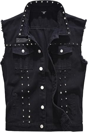 JEKE-DG Mens Sleeveless Fashion Punk Jean Vest Multi Pocket Casual Biker Denim Vest Button Down Red Lapel Jean Vests