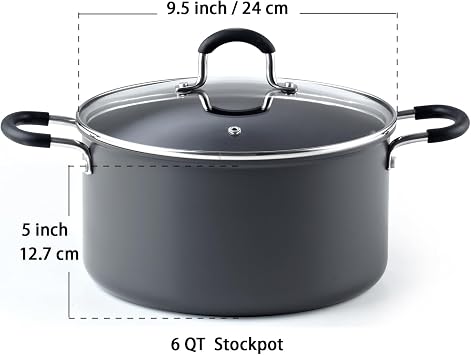 Cook N Home Professional 6 Quart Nonstick Stock Pot, Soup pot with Lid, Hard Anodized Stockpot with Stay-Cool Handles, Cooking Pot for Seafood Boil, Crab, Pasta, Oven Safe, Black