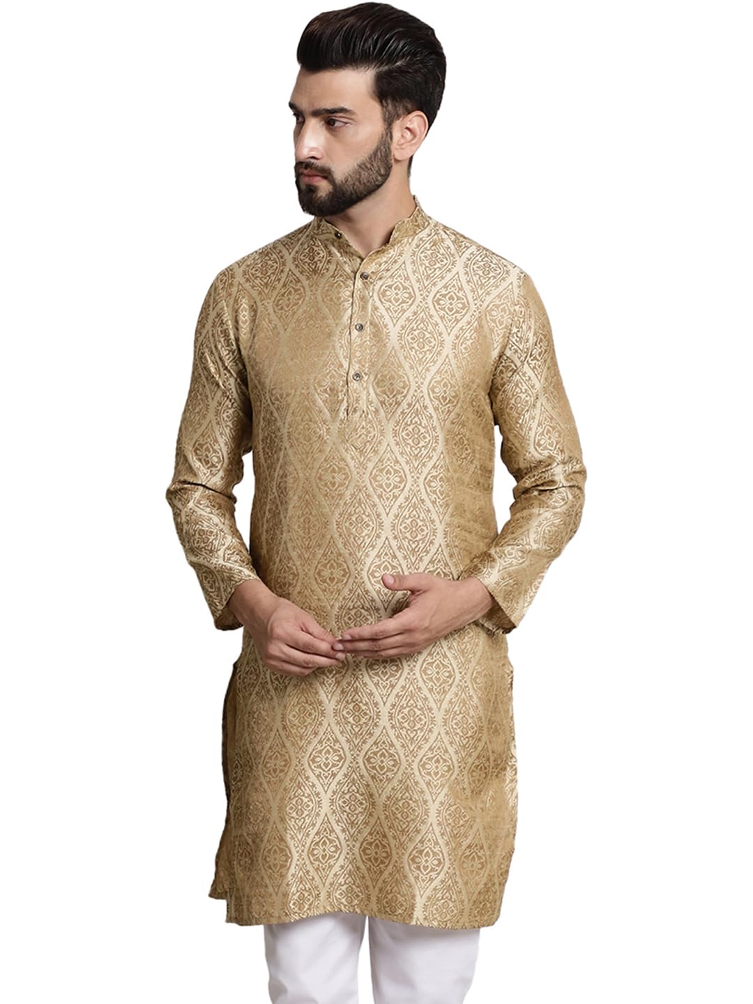 Sojanya (Since 1958 Men's Silk Blend Beige Color Self Design Only Long Kurta