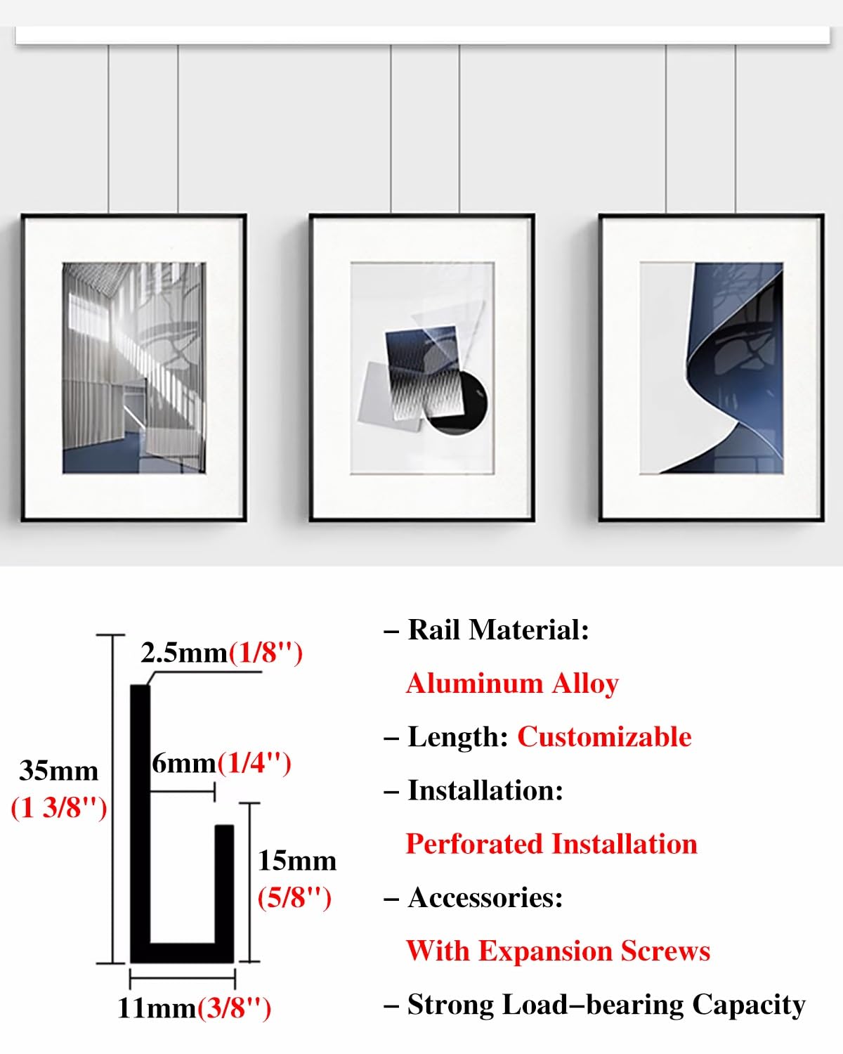 Sistema para Colgar Cuadros en galerías. Riel Blanco de 37 Pulgadas para decoración de Paredes. Cables de Acero y Ganchos de Resorte Fotos y exposiciones. Fácil instalación.