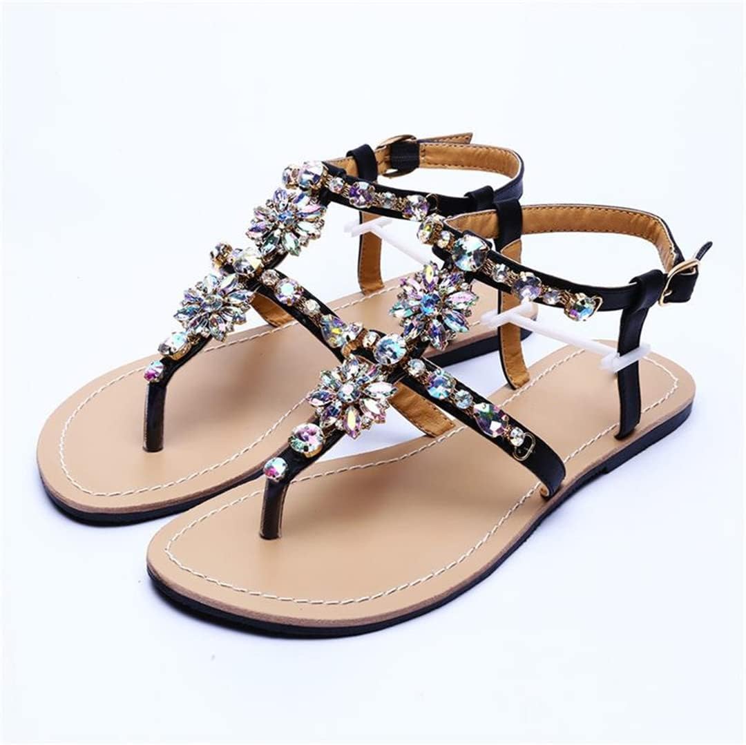 Summer Women Beach Sandals Lady Rhinestones Shoes Diamond T-Strap Sandals