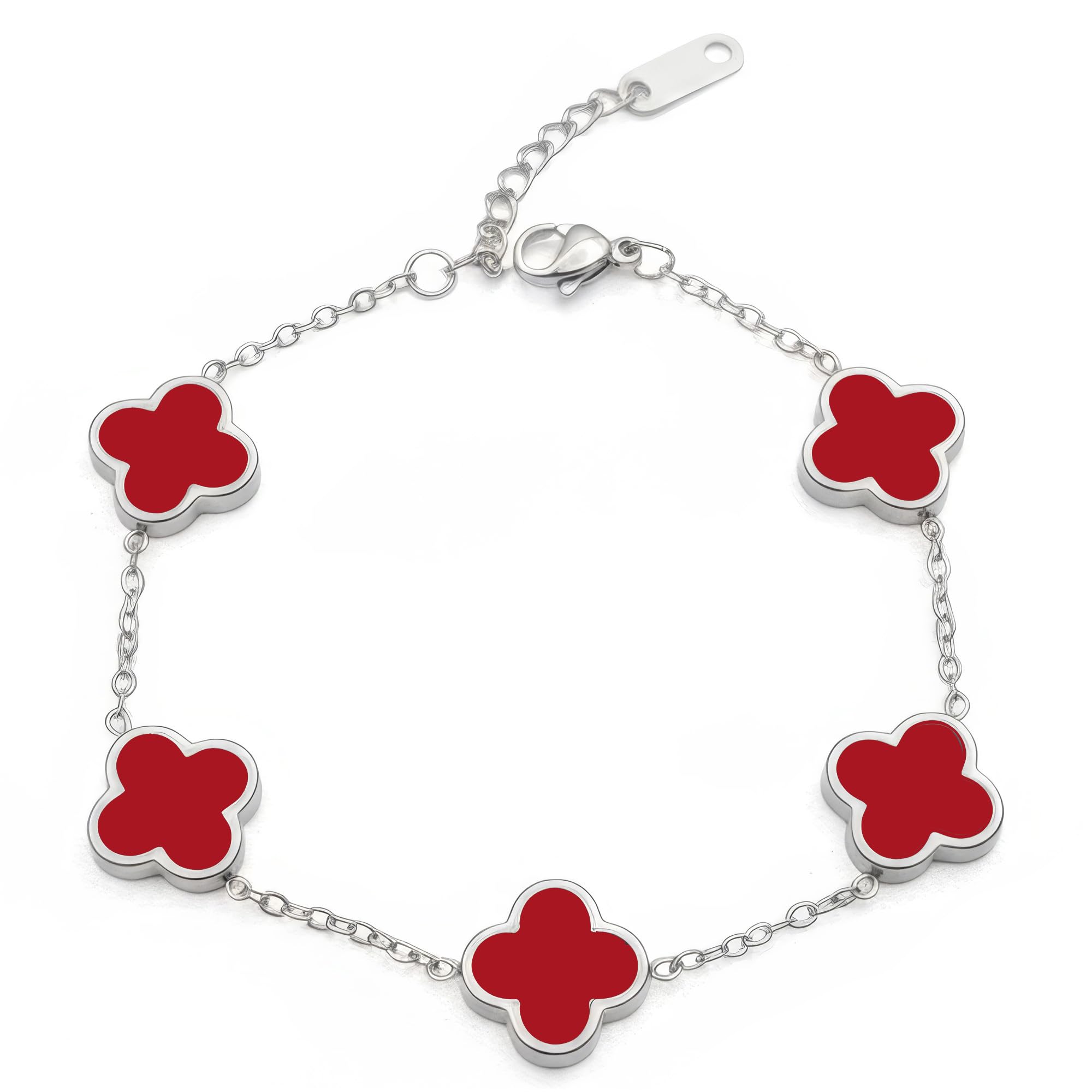 LinkWheres Four Leaf Clover Bracelet - Titanium Steel Lucky Flower Chain - Silver Tone 5 Motif Sakura Charm Jewelry for Women