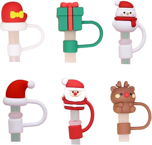 6 fundas de popote de Navidad para copa Stanley, cubierta de popote de silicona compatible con vasos de 30 y 40 onzas, cubiertas de punta de popote