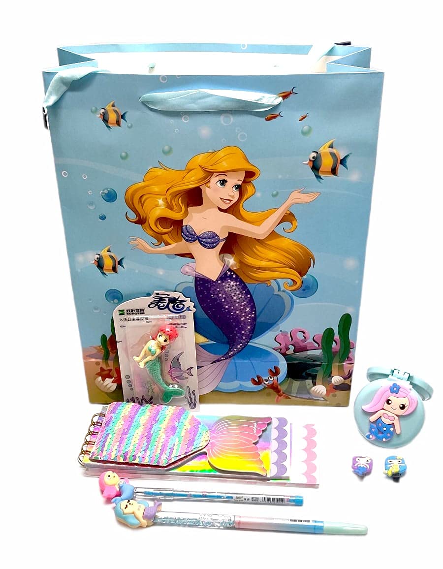 TERA 13 Mermaid 7 Items- Mermaid Paper Bag Return Gifts for Girls Eraser for School Mermaid Comb Stylish Diary for Girls Mermaid Hair Clips for Girls