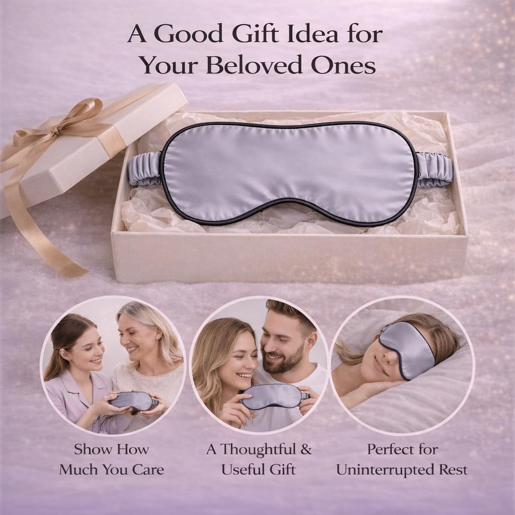 100% Mulberry Silk Sleep Mask for Women/Men Airplane Travel, Pure 22 Momme Silk Eye Mask Blackout for Sleeping, Ajustable, Luxury, Anti Wrinkle, Anti Aging Silk Blindfold, Made in USA (Silver Gray)