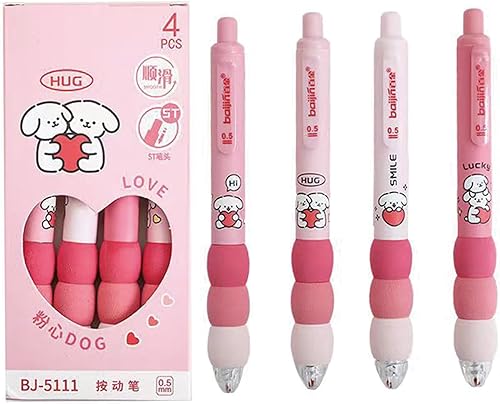 MOZXIRZ 4 bolígrafos de gel estéticos retráctiles, de dibujos animados, de agarre suave, bolígrafo de tinta negra kawaii, suministros para niñas,