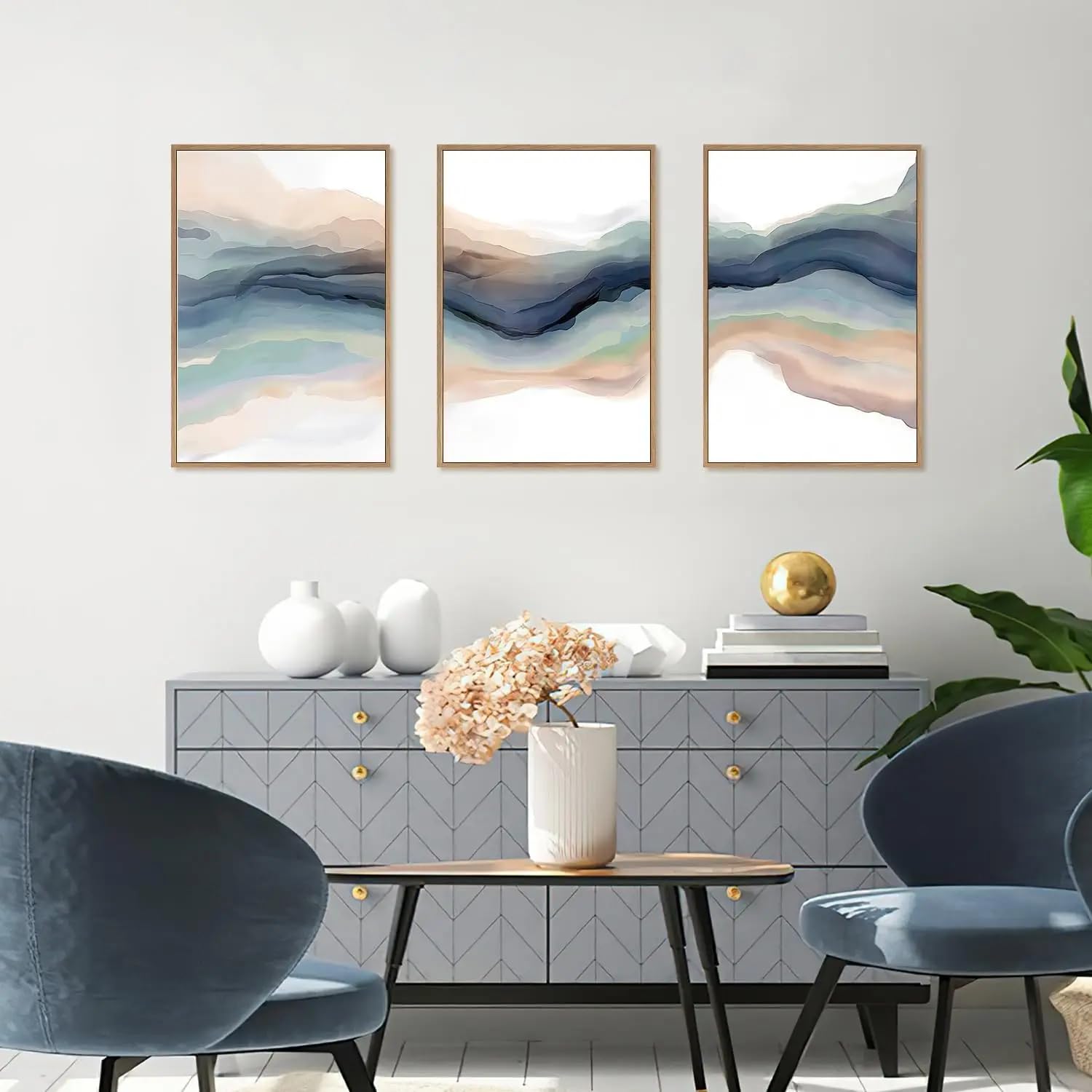 SOBMQ Pictures-Modern Wave Wall Art Abstract Watercolor Thread Canvas Poster Natural Landscape Painting For Living Room Bedroom Home Decoration-50 * 60cm-3PCS (No Frame)