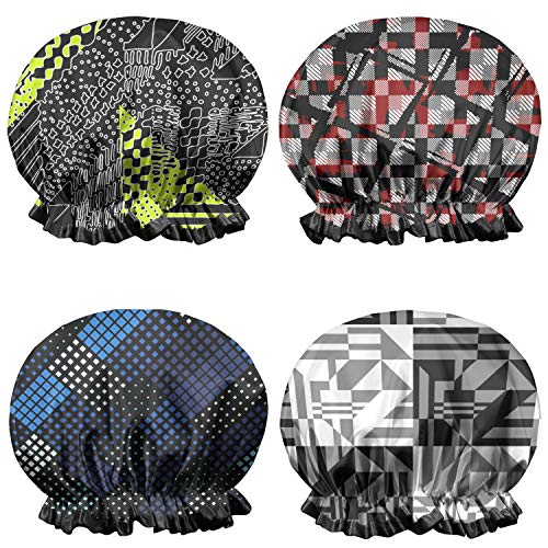 4-Pack Shower Caps for Women Doodle Triangles Dots Peas Trendy Checkerboard Double Waterproof Layers Bathing Shower Cap Reusable Shower Caps