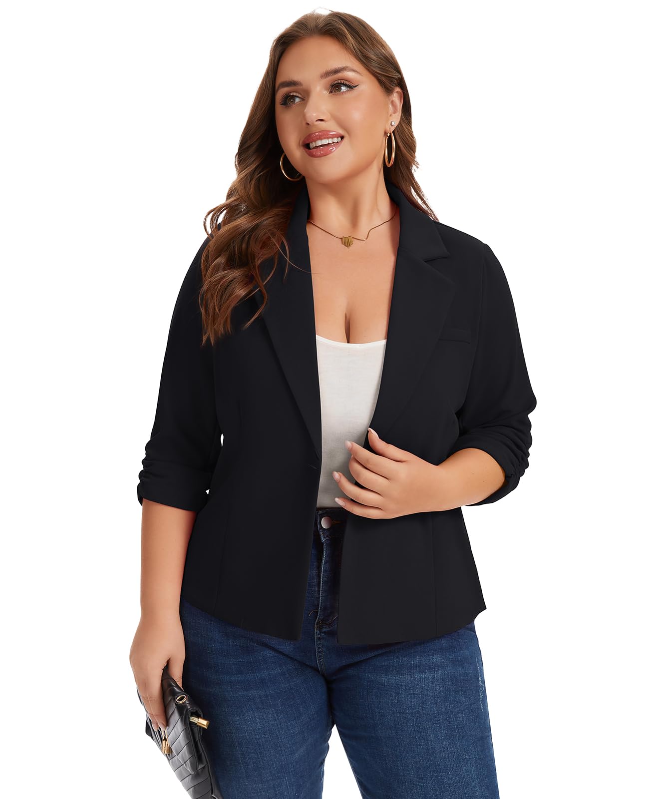 Cropped Plus Size Blazers for Women Casual Classic Jackets Blazer Lightweight 3 4 Sleeve Suit Jacket