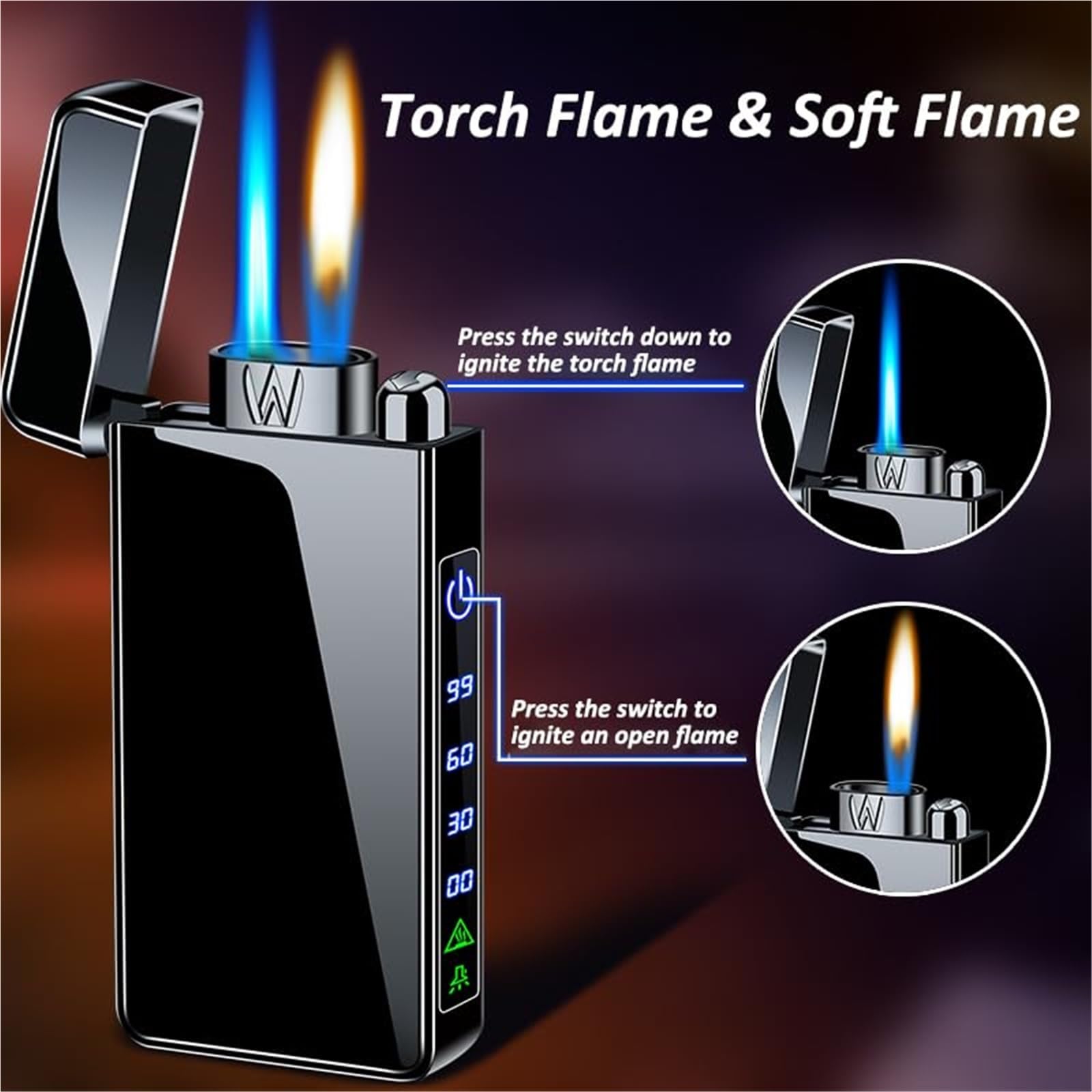 Encendedor de butano, clásico de doble llama, estilo de empuje de metal vintage, llama ajustable, recargable, diseño conveniente (combustible no incluido)