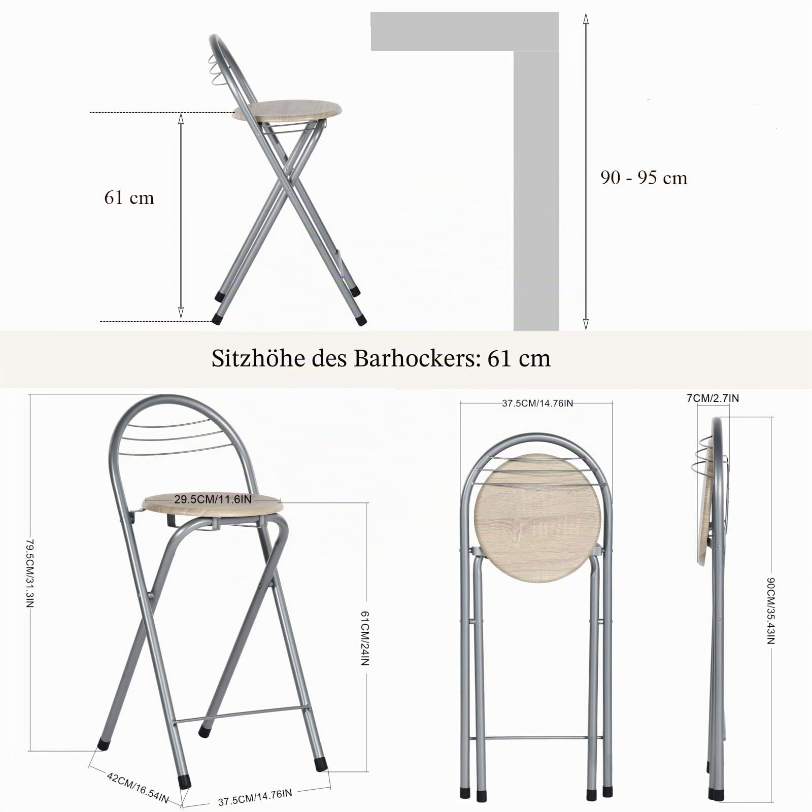 Barhocker Klappbar mit Lehne 2er Set, Hocker Klappbar Tragbarer Klapphocker Küchenhocker Barhocker Faltbar Falthocker Für Küche Bar Bistro Outdoor, Sitzhöhe 61 cm, (Eiche und Silber)
