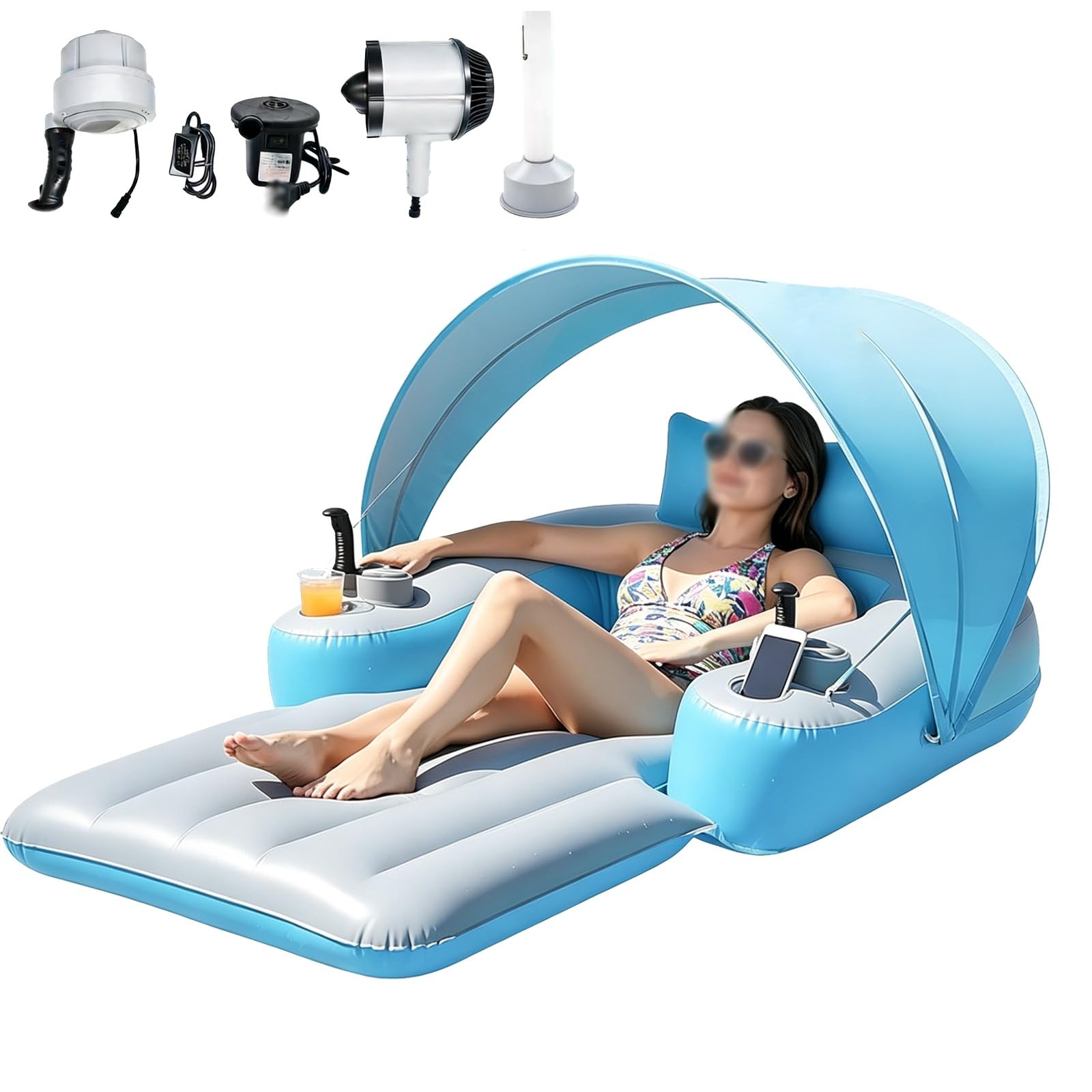 GYKOZY Motorized Pool Lounger, Rechargeable Motorized Float with Canopy Rotating Thruster & Air Pump, Inflatable Floating Chair for Swimming Pool River Lake Beach Summers Vacations