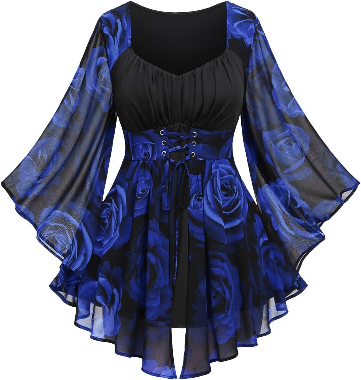 ROSE GAL Women Plus Size Romantic Gothic Lace-up Bell Sleeves Tee Flare Sleeves Renaissance Top Goth Costume Top
