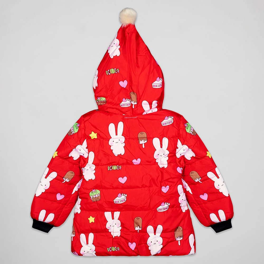 Bold N Elegant Bunny Rabbit Fur Winter Warm Quilted Bomber Puffer Hood Jacket Coat for Infant Toddler Kids (Red, 3-4 Years)