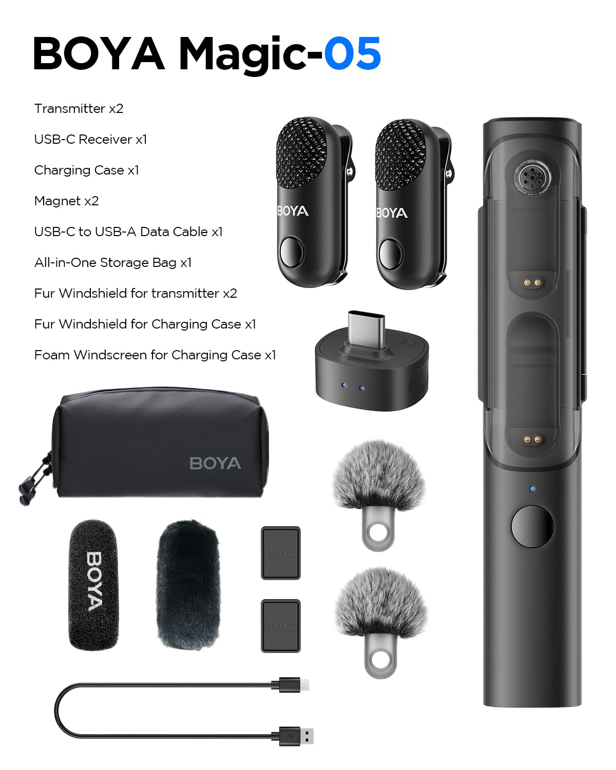 BOYA Magic bezprzewodowy mikrofon krawatowy do aparatu, iPhone'a 15/16, Android (bez stojaka) Clip-on, ręczny, stacjonarny, kamera, 4-kształtny mini mikrofon do vlogowania, przesyłania strumieniowego