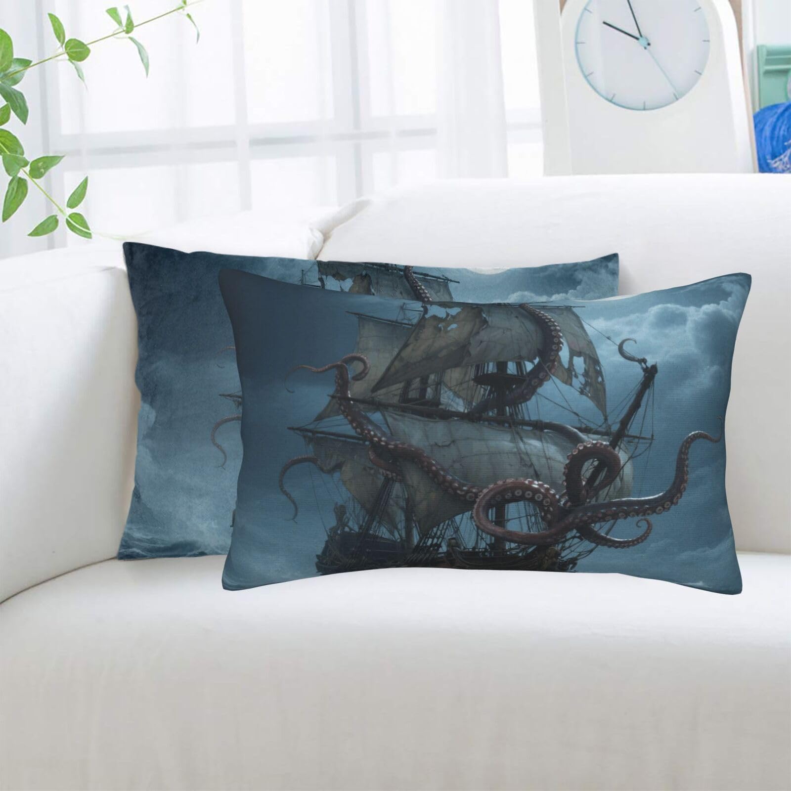 2 Pack Standard Pillowcases Sets, Ultra Soft Comfort Microfiber Plush Pillow Cases Octopus Kraken Pirate Ship Ocean Decorative Throw Pillow Cover with Hidden Zipper for Bedroom, Sofa, Couch,16"X24"