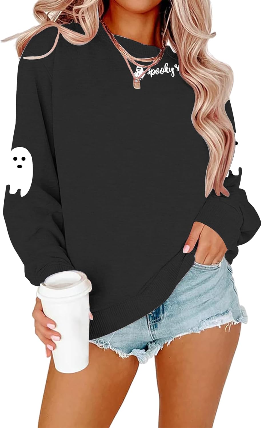 Spooky Season Sweatshirt For Women Halloween Sweatshirt Ghost Fall Long Sleeve Embroidered Pullover Tops - Image 6