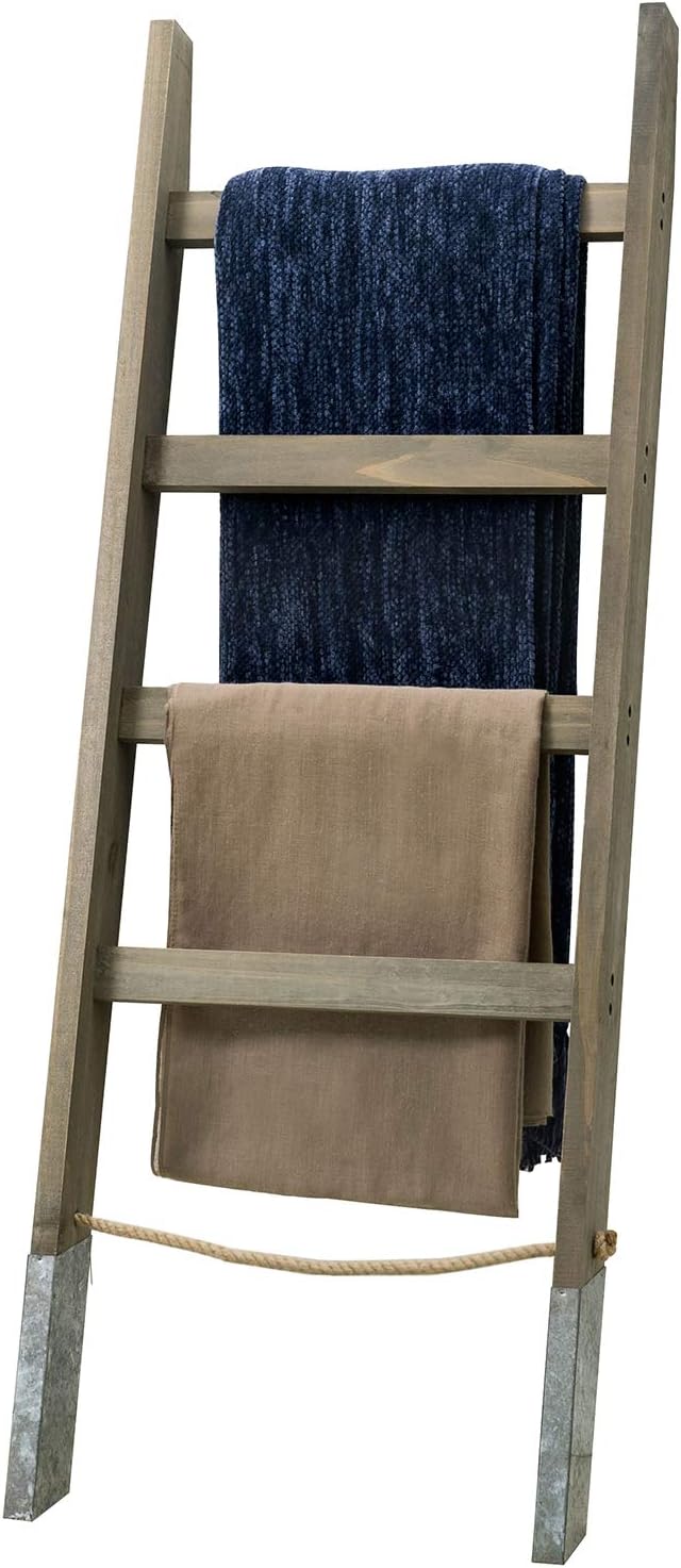 MyGift 55'' Wood Wall Leaning Blanket Ladder with 4 Rung, Farmhouse Living Room and Bathroom Towel Rack with Decorative Rustic Galvanized Silver Metal Legs and Rope Gray Brown