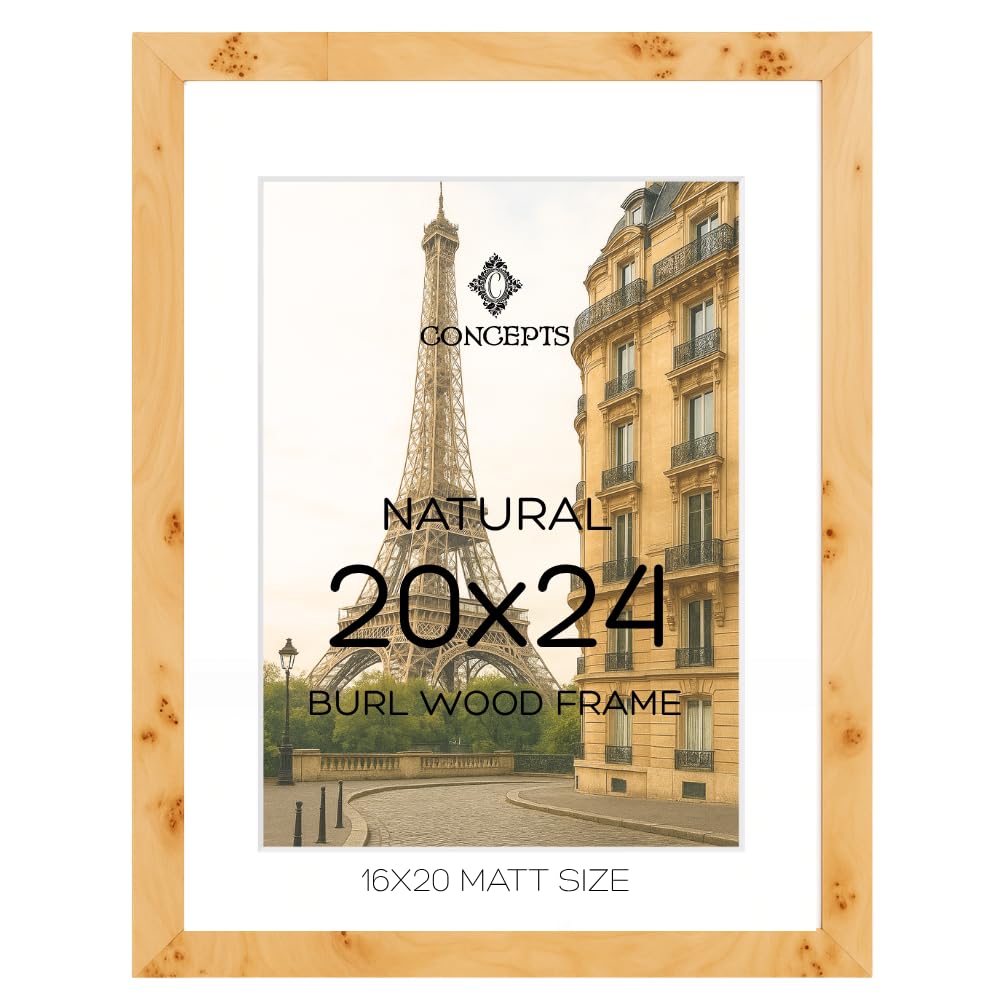 concepts pack of 1-20x24 burl wood picture frames with matt (16x20), natural finish, eco-friendly packaging – elegant wallhung decor for family photos
