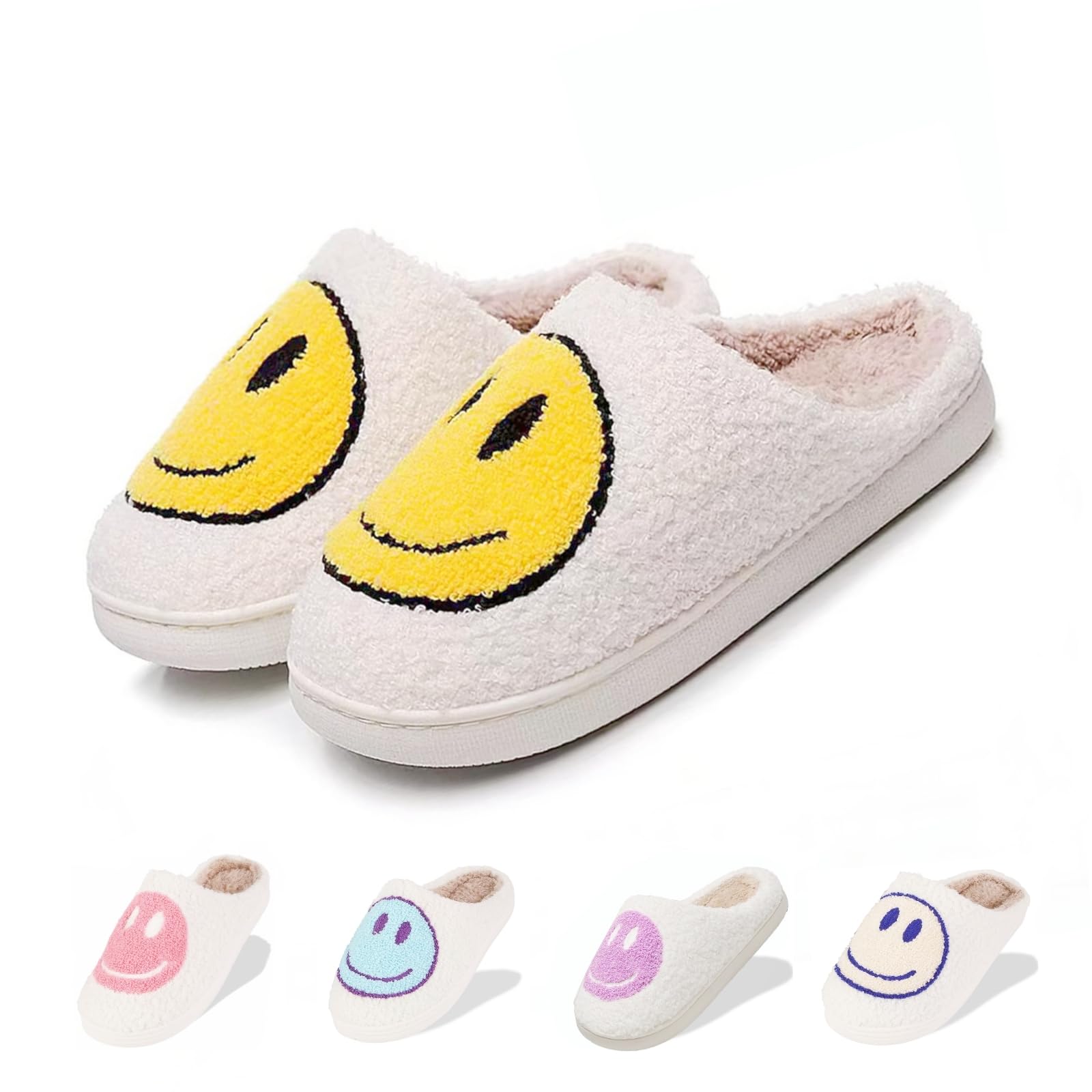 LINWIND Fuzzy Slippers for Women Men, Cute Retro Fluffy Happy Face House Slippers, Plush Memory Foam Slippers for Women Indoor and Outdoor Cozy Trendy