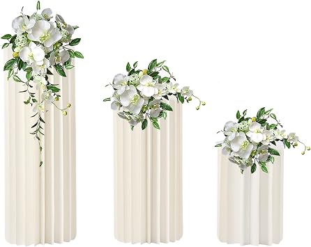 Foldable Paper Columns 3 Pcs Display Pedestals, Cream White Wedding Centerpieces Display, Cylinder Flower Stand, Paper Roman Pillar for Engagement Birthday Party Decoration - 20 Folds, M+L+XL