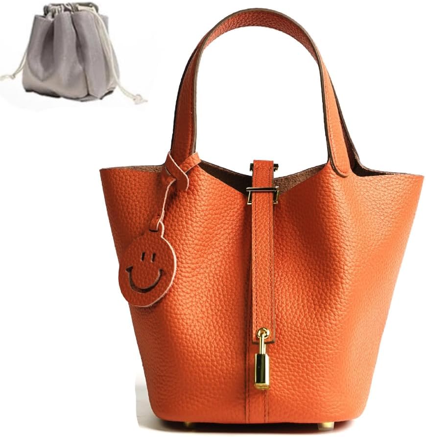 Genuine Leather Bucket Bag for Women, Lock Design, Top-Handle Tote, Shoulder Handbag