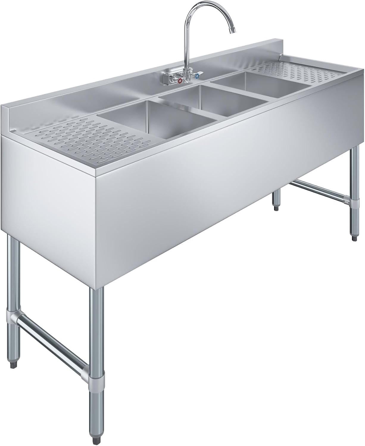 AmGood 3 Compartment Under Bar Sink With 12" Left and Right Drainboards and Faucet - 60" X 18 3/4". NSF. Commercial Three Bowl Under Bar Sink
