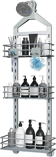 Nieifi Estante organizador de ducha de 4 niveles antioscilante sobre la cabeza, organizador de ducha colgante, estantes de baño a prueba de óxido,