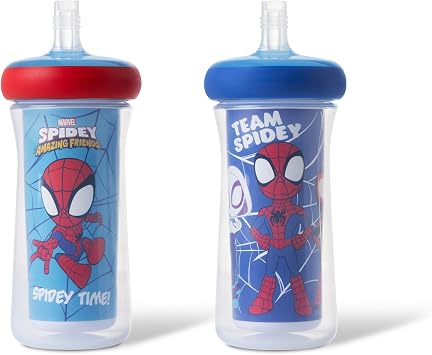 The First Years Spidey and His Amazing Friends Insulated Straw Cups - Toddler Cups with Straws and DropGuard Protection - Kids Water Bottles - 9 Oz - 2 Count - Ages 18 Months and Up