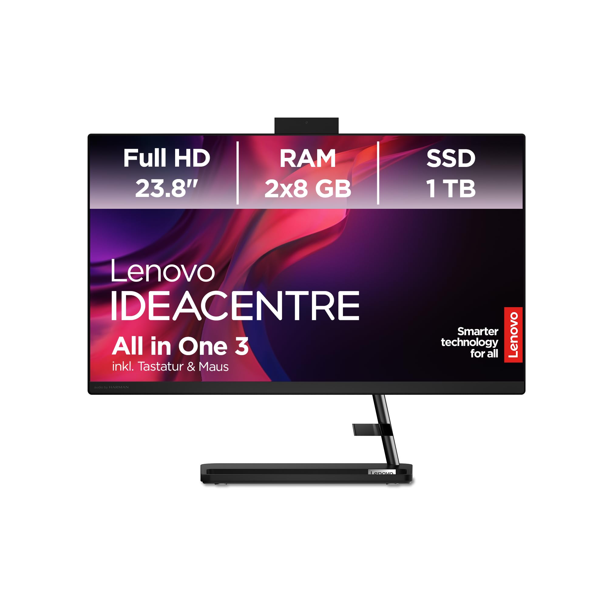 Lenovo IdeaCentre 3 All in One | 23.8" Full HD Display | AMD Ryzen 5 7430U | 16GB RAM | 1TB SSD | AMD Radeon Grafik | Win11 Home | QWERTZ | schwarz | inkl. Tastatur & Maus | 3 Monate Premium Care
