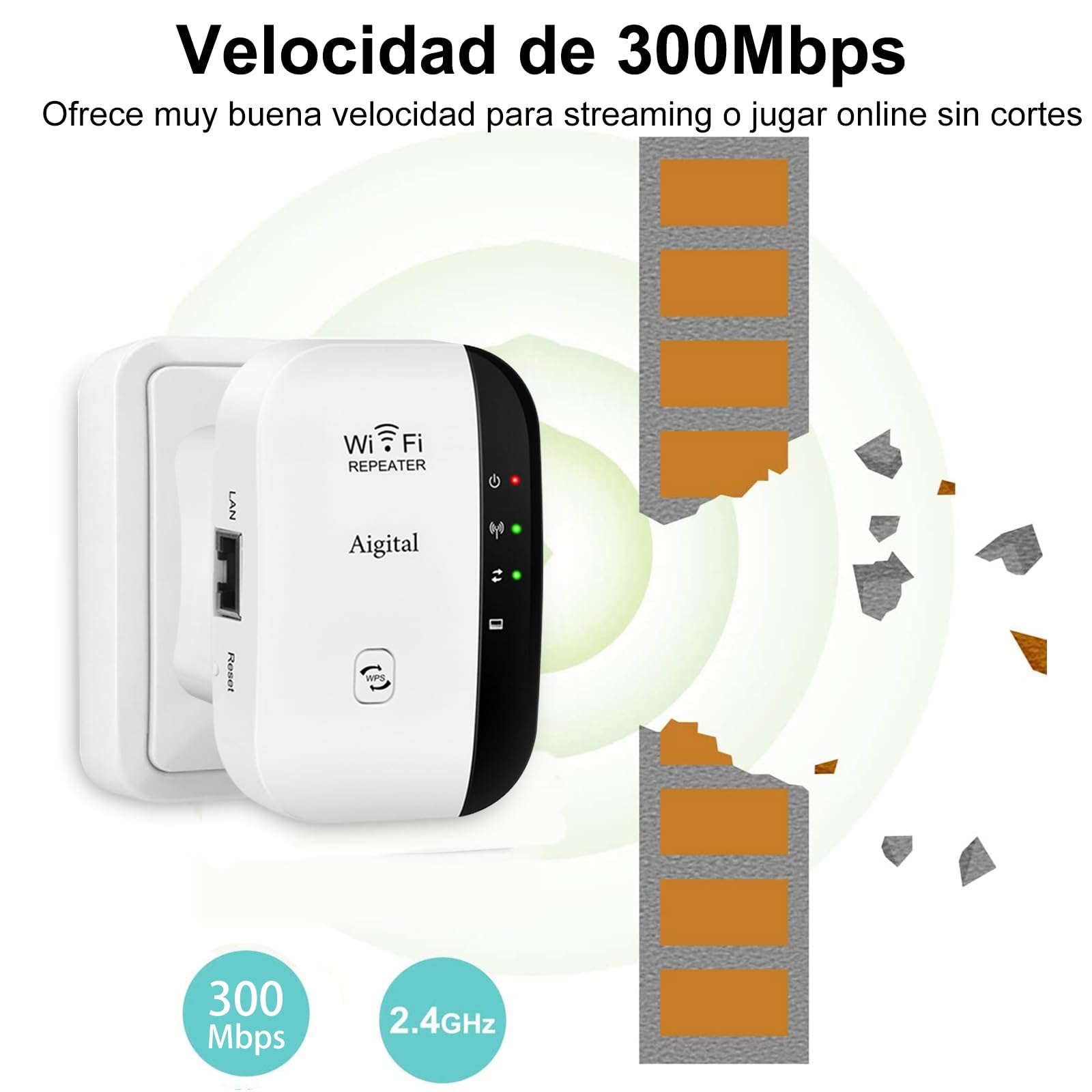 Repetidor WiFi 300Mbps 2.4 GHz, Amplificador y Extensor de Red WiFi Cobertura de hasta 120m², Modo Ap, WPS Botón, Puerto Ethernet, Antenas Internas- Blanco