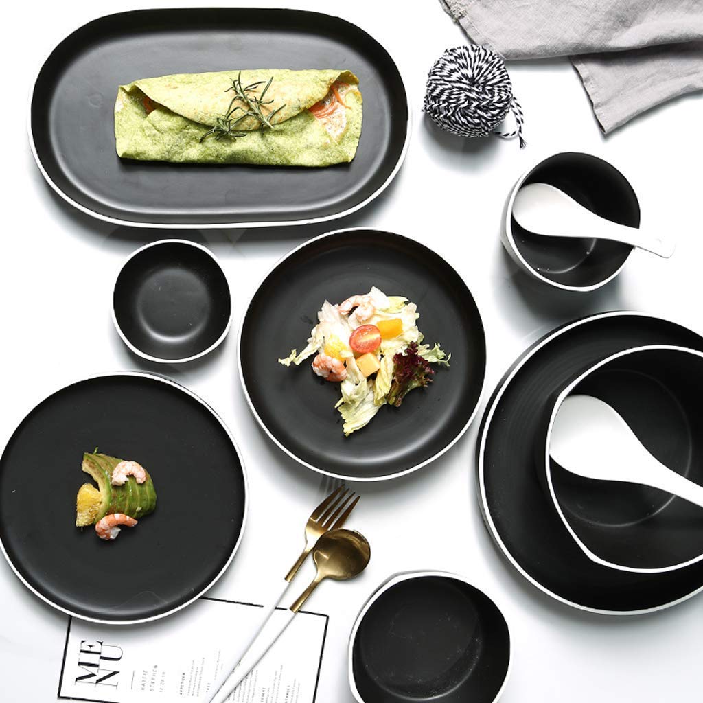 Services de Table en céramique, Ensemble combiné de Vaisselle en Porcelaine de 48 pièces | Ensembles d'assiettes à Steak et de Bols à céréales Noirs Mats pour Restaurant