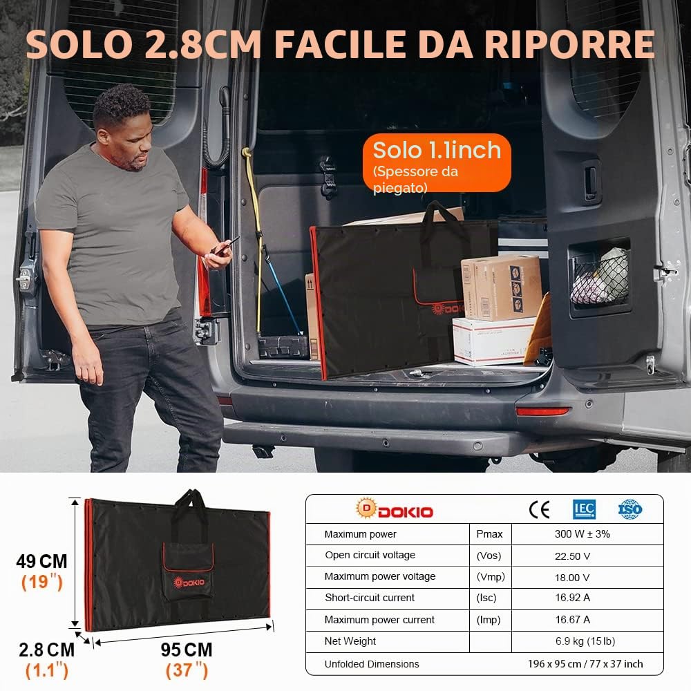DOKIO 300W Pannello Solare Portatile Mobile e Pieghevole + 20A Regolatore con Presa USB 5V 2A