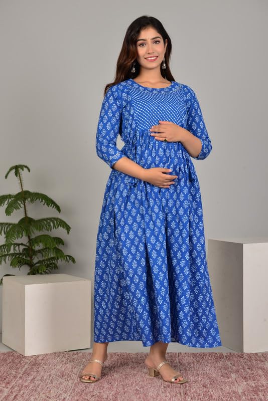 Image of Women's Pure Cotton Printed Maternity Gown /Maternity wear /Feeding Gown A-line Maternity Feeding Dress Maternity Kurti Gown for Women