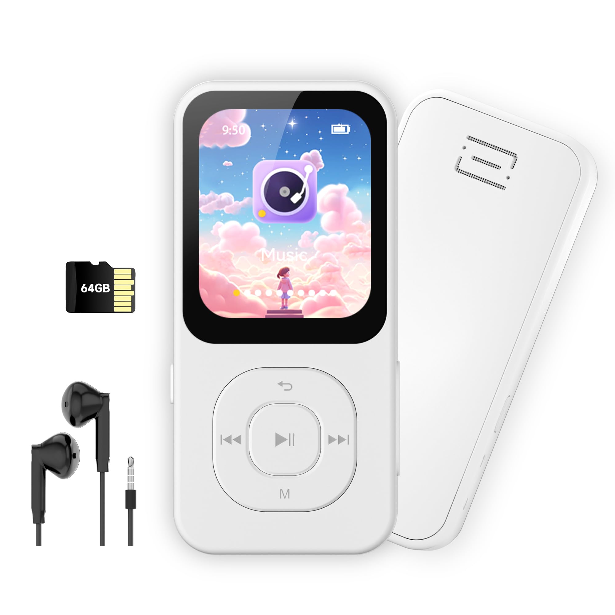 Lettore MP3 da 64GB con Bluetooth 5.3, Lettore musicale PECSU schermo HD con altoparlante, Radio FM, Registratore vocale, Suono HiFi, E-book, Cuffie incluse (Bianco)