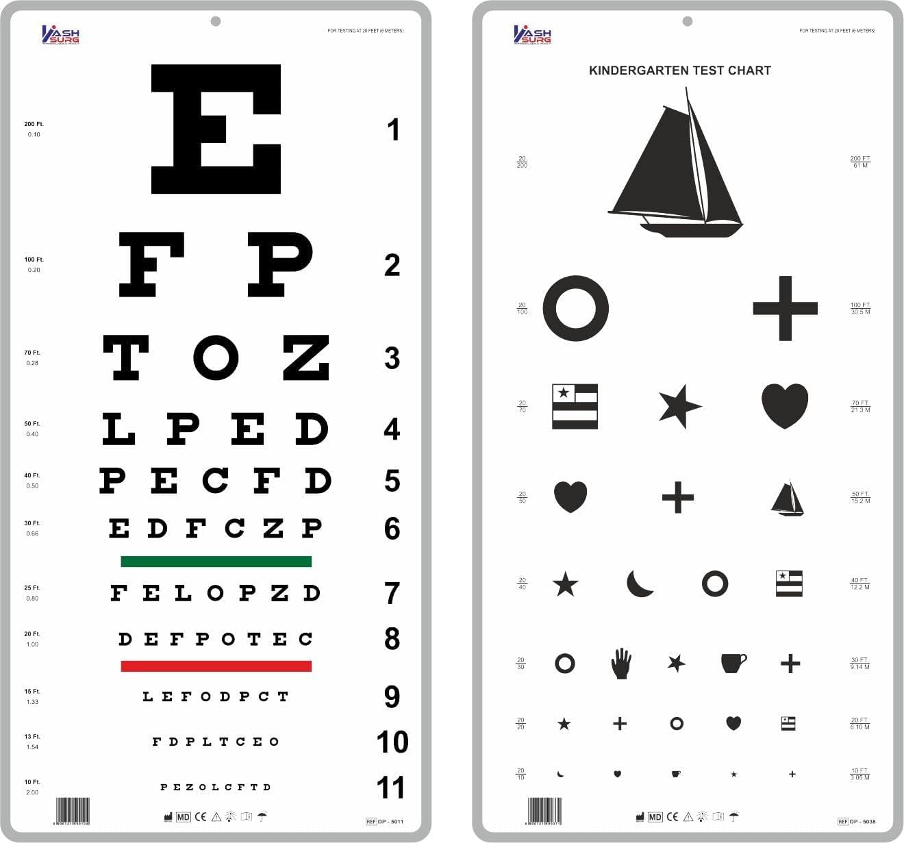 KASHSURG Snellen and Kindergarten Wall Eye Chart Size 22 x 11 Inch Combo Pack_200_Pack of 32.